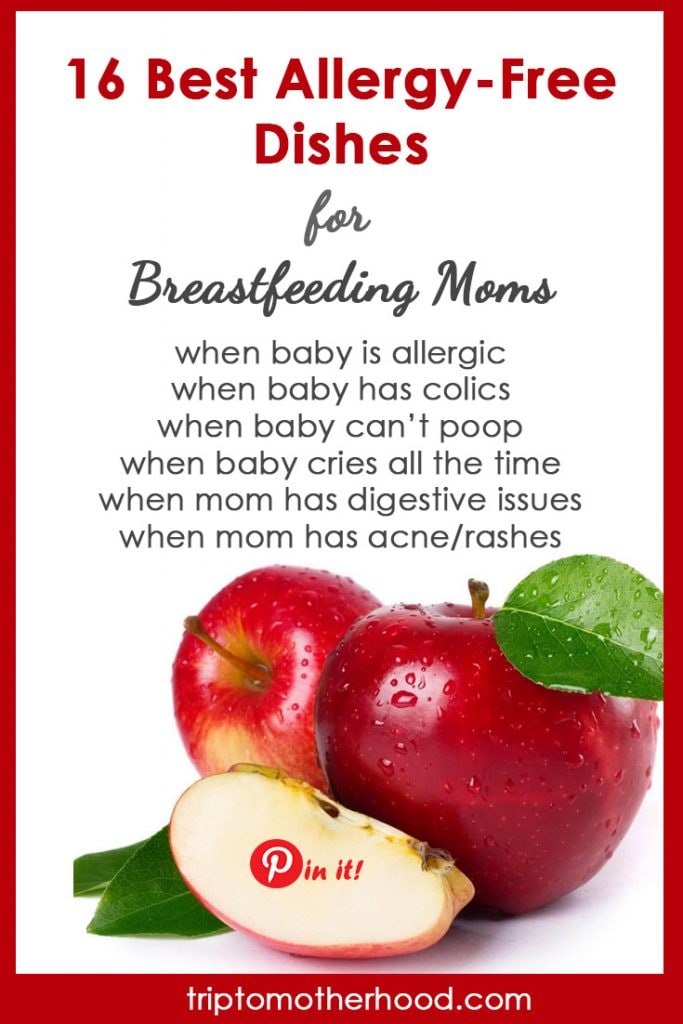 How to stop feeling bloated while breastfeeding? How to relieve your baby's colics and allergies? What to do when baby doesn't poop? The answer lies in a mom's diet! Here's a helpful guide for #newmoms with 16 best allergy-free dishes (with recipes!) that are easy to make, delicious and cause no problems! #breastfeeding #breastfeedingdiet #breastfeedingtips #babyallergies #babycolics #acnerelief