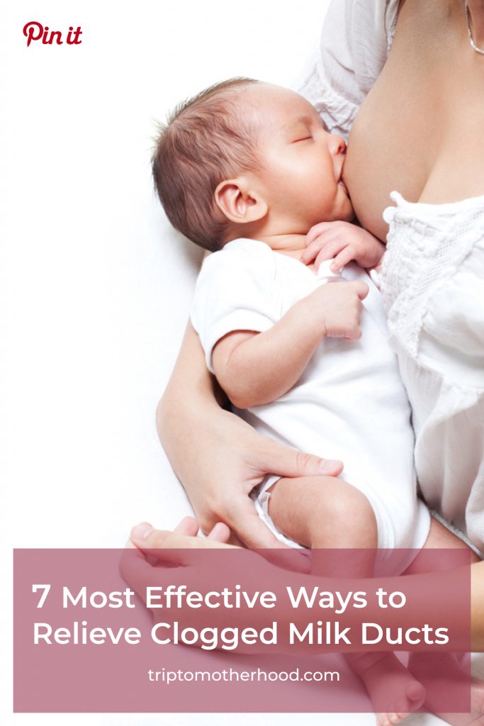7 most effective ways to treat a clogged milk duct:
1. Nurse frequently, 2. Hot shower + massage, 3. Rest as much as you can, 4. Apply heat on the area of a plugged duct, 5. Experiment with nursing positions, 6. Stay hydrated and eat healthy foods, 7. Don't wear a bra. Click to learn more about the supplements that are well researched to help with relieving a clogged duct. #breastfeedingtips #breastfeedingproblems #newmomtips